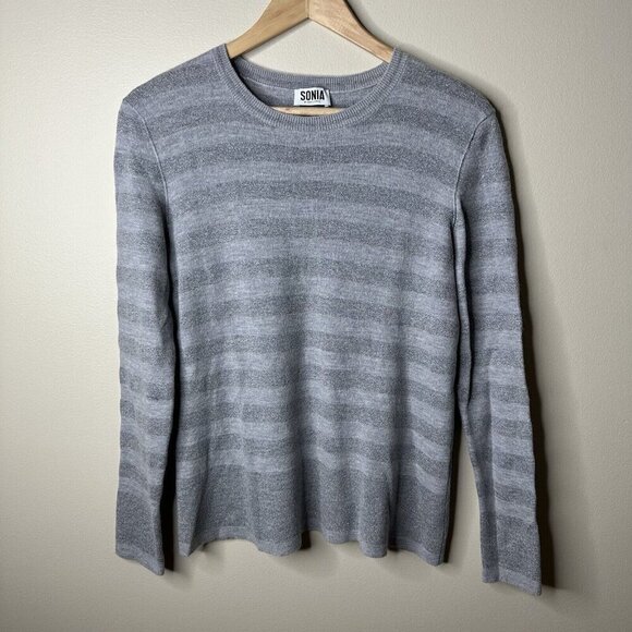 Sonia Rykiel Crewneck Sweater Womens XL Gray Silver Striped Sparkly Wool Blend - Picture 1 of 9